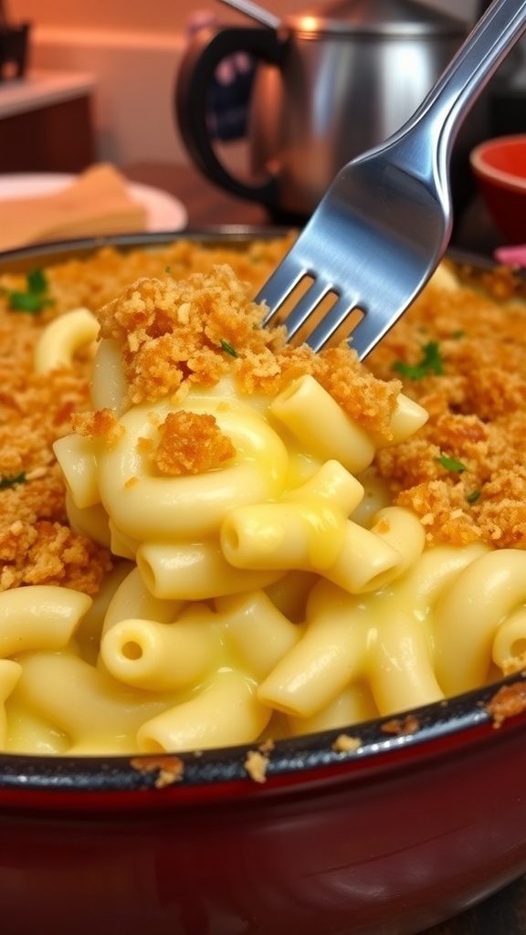 Baked mac and cheese with breadcrumb topping in a rustic dish, garnished with parsley.